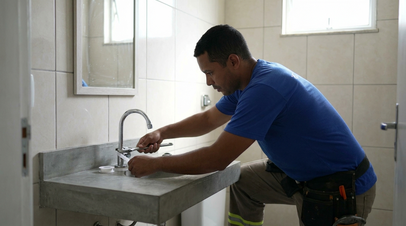 Encanador instalando torneira em São Gonçalo‑RJ