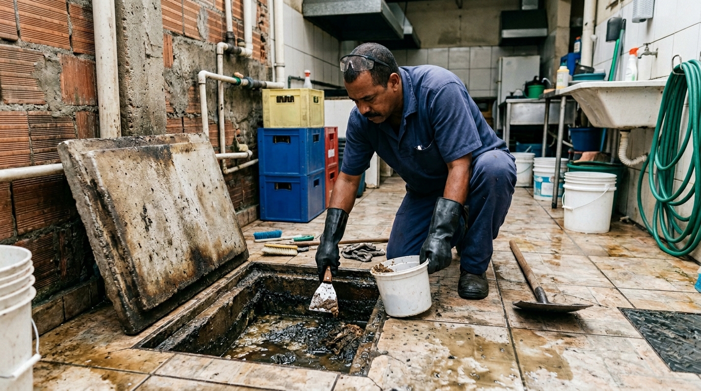 Limpeza de caixa de gordura residencial em São Gonçalo‑RJ